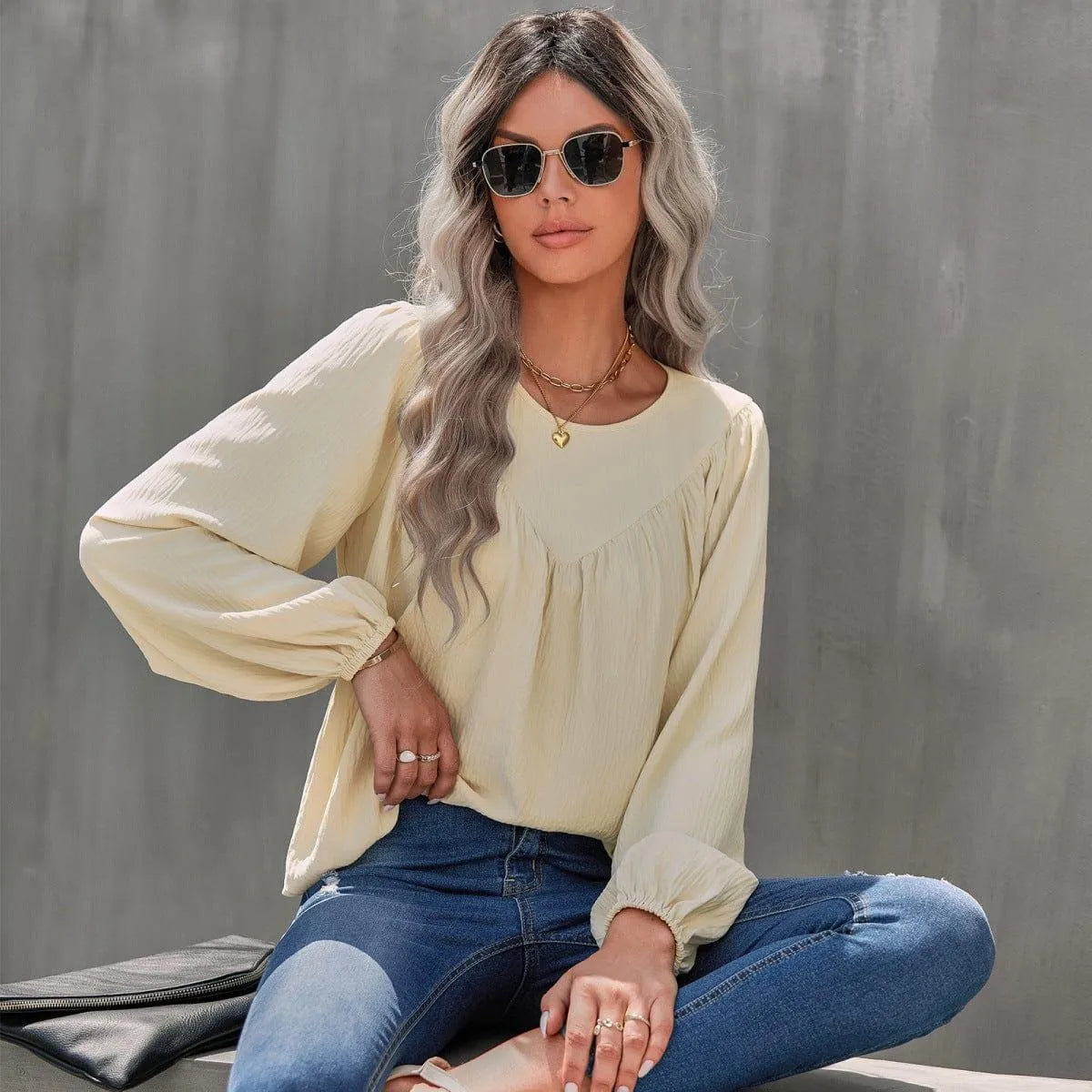 Round Neck Gathering Long Sleeve Top Jewelry Bubble