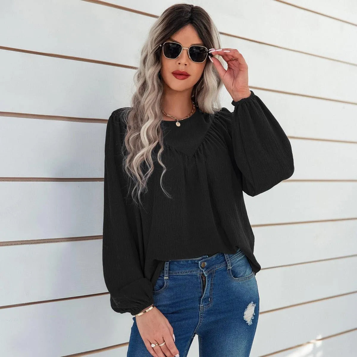 Round Neck Gathering Long Sleeve Top Jewelry Bubble
