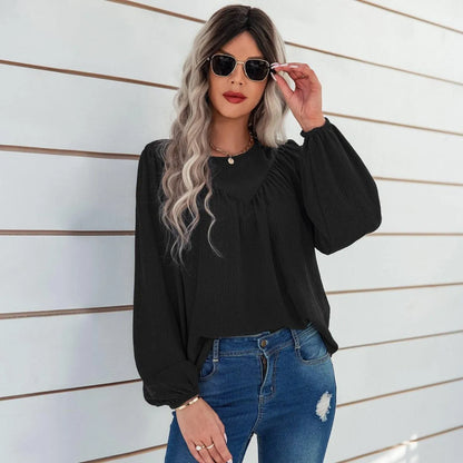 Round Neck Gathering Long Sleeve Top Jewelry Bubble