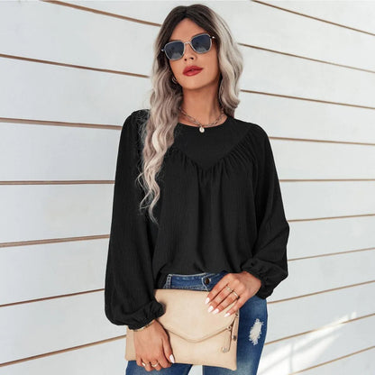Round Neck Gathering Long Sleeve Top Jewelry Bubble