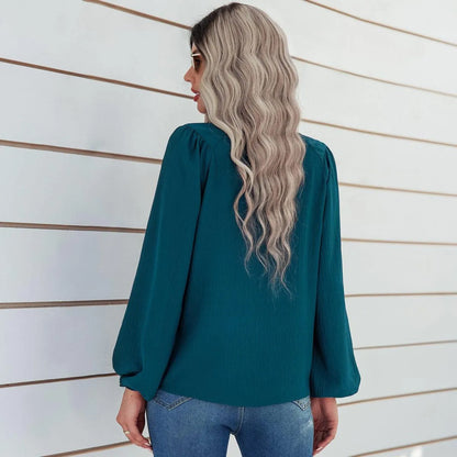 Round Neck Gathering Long Sleeve Top Jewelry Bubble