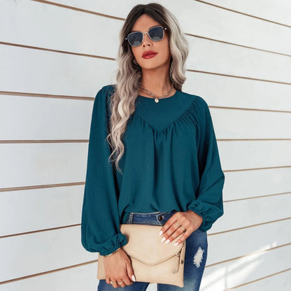 Round Neck Gathering Long Sleeve Top Jewelry Bubble