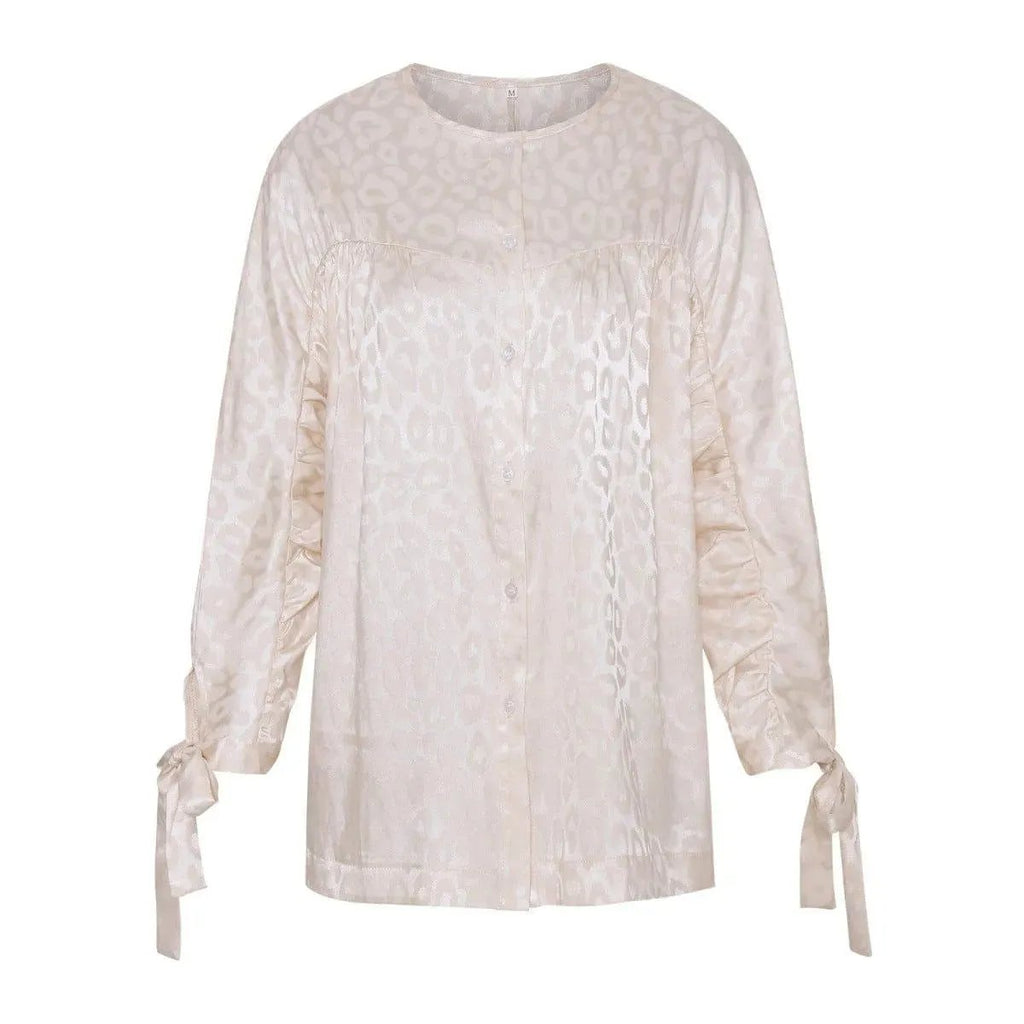 Round Neck Leopard Print Tie Cuff Shirt