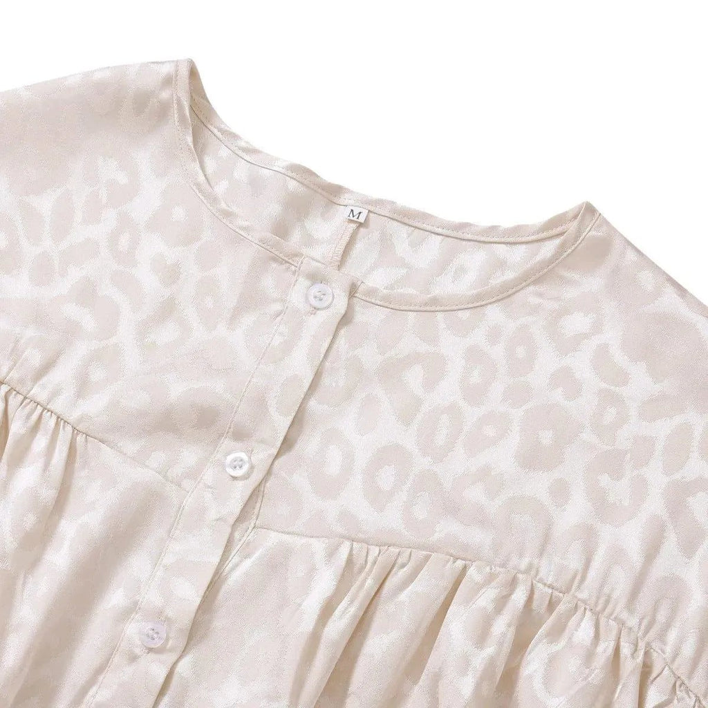 Round Neck Leopard Print Tie Cuff Shirt