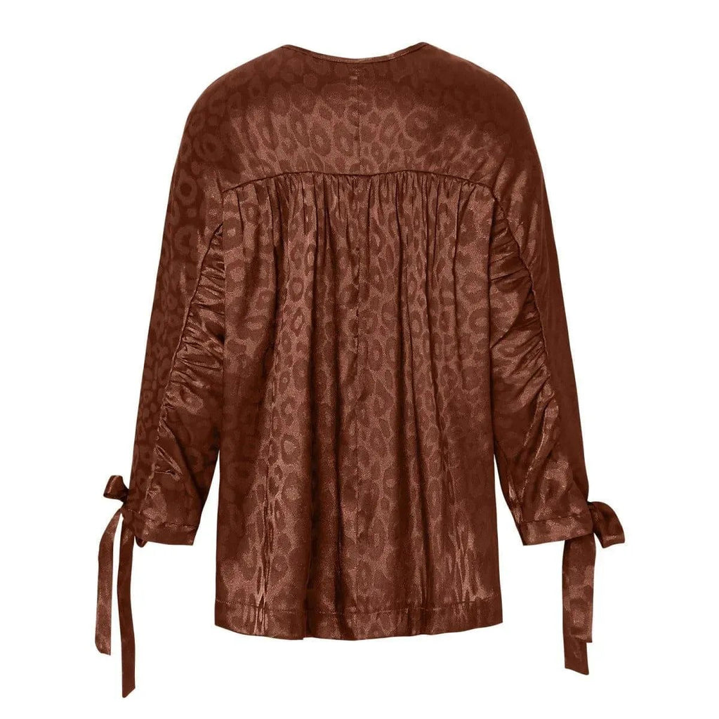 Round Neck Leopard Print Tie Cuff Shirt