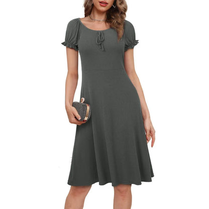 Round Neck Puff Sleeve Tie Front Solid Color Mini Dress Jewelry Bubble