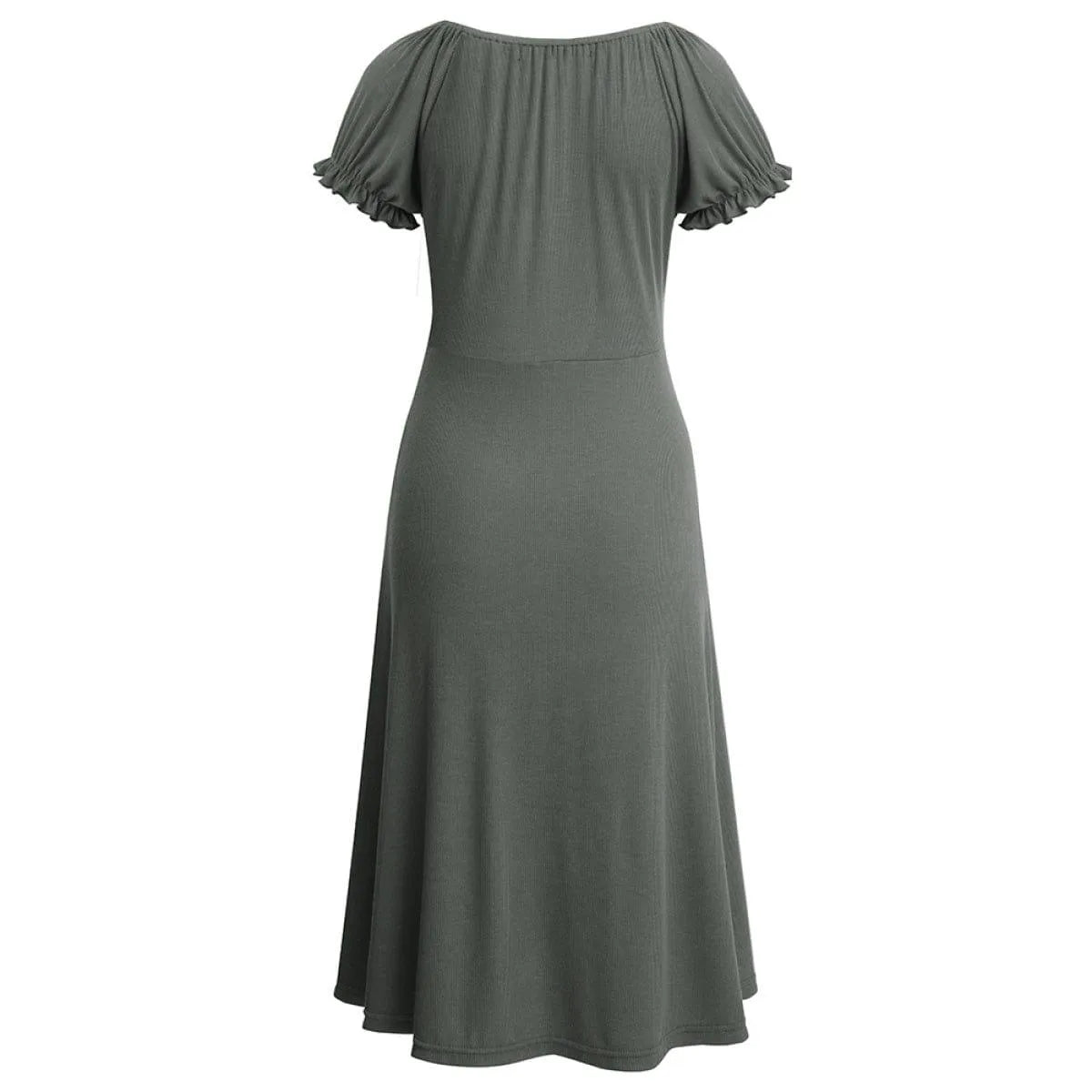Round Neck Puff Sleeve Tie Front Solid Color Mini Dress Jewelry Bubble
