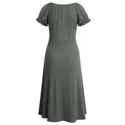 Round Neck Puff Sleeve Tie Front Solid Color Mini Dress Jewelry Bubble