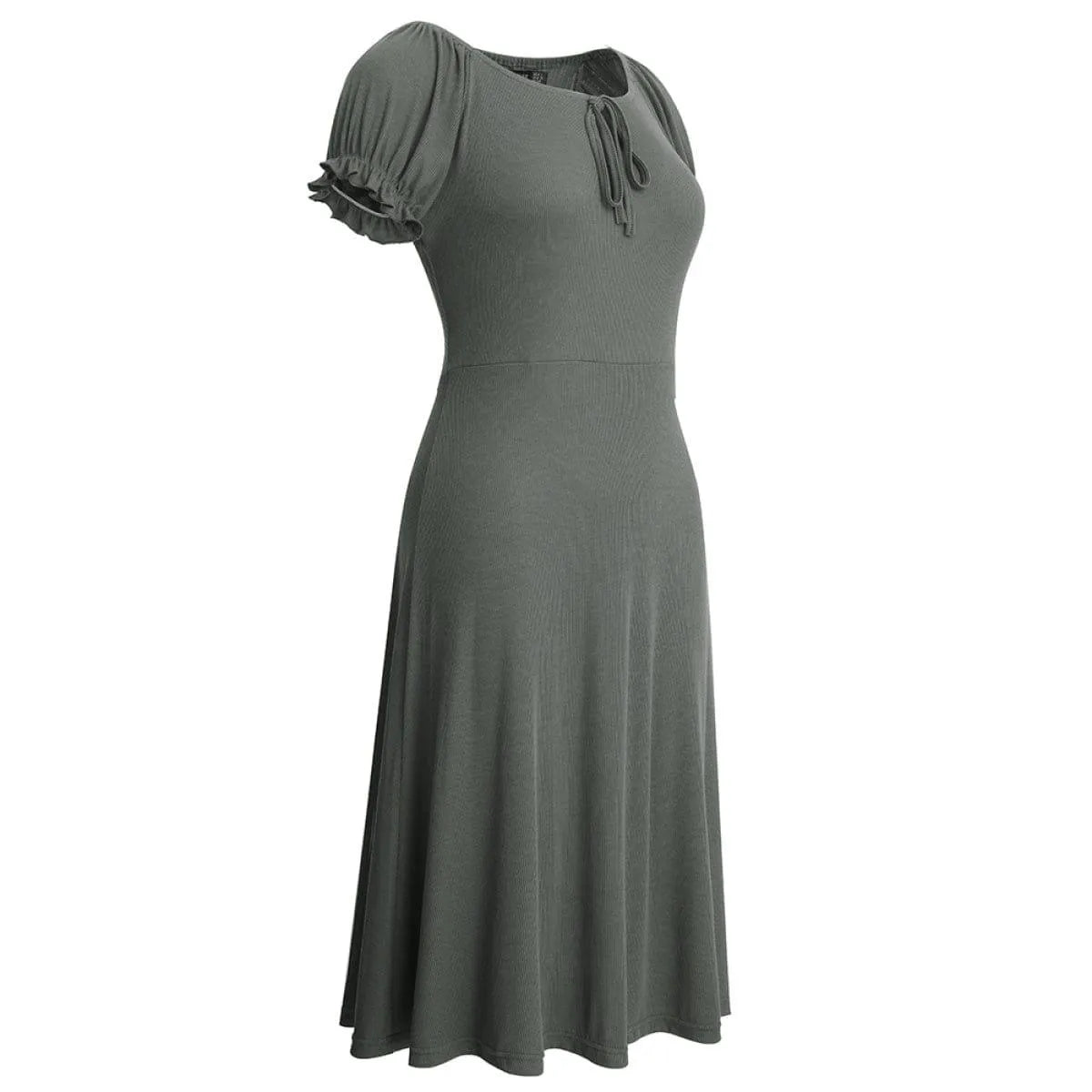 Round Neck Puff Sleeve Tie Front Solid Color Mini Dress Jewelry Bubble