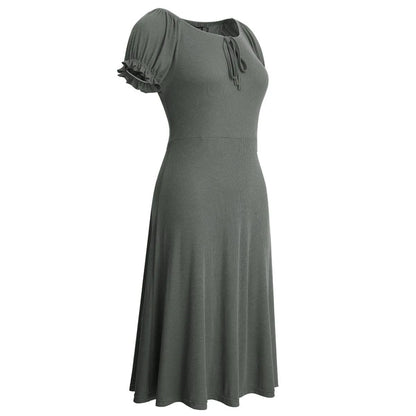 Round Neck Puff Sleeve Tie Front Solid Color Mini Dress Jewelry Bubble