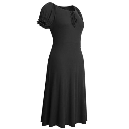 Round Neck Puff Sleeve Tie Front Solid Color Mini Dress Jewelry Bubble