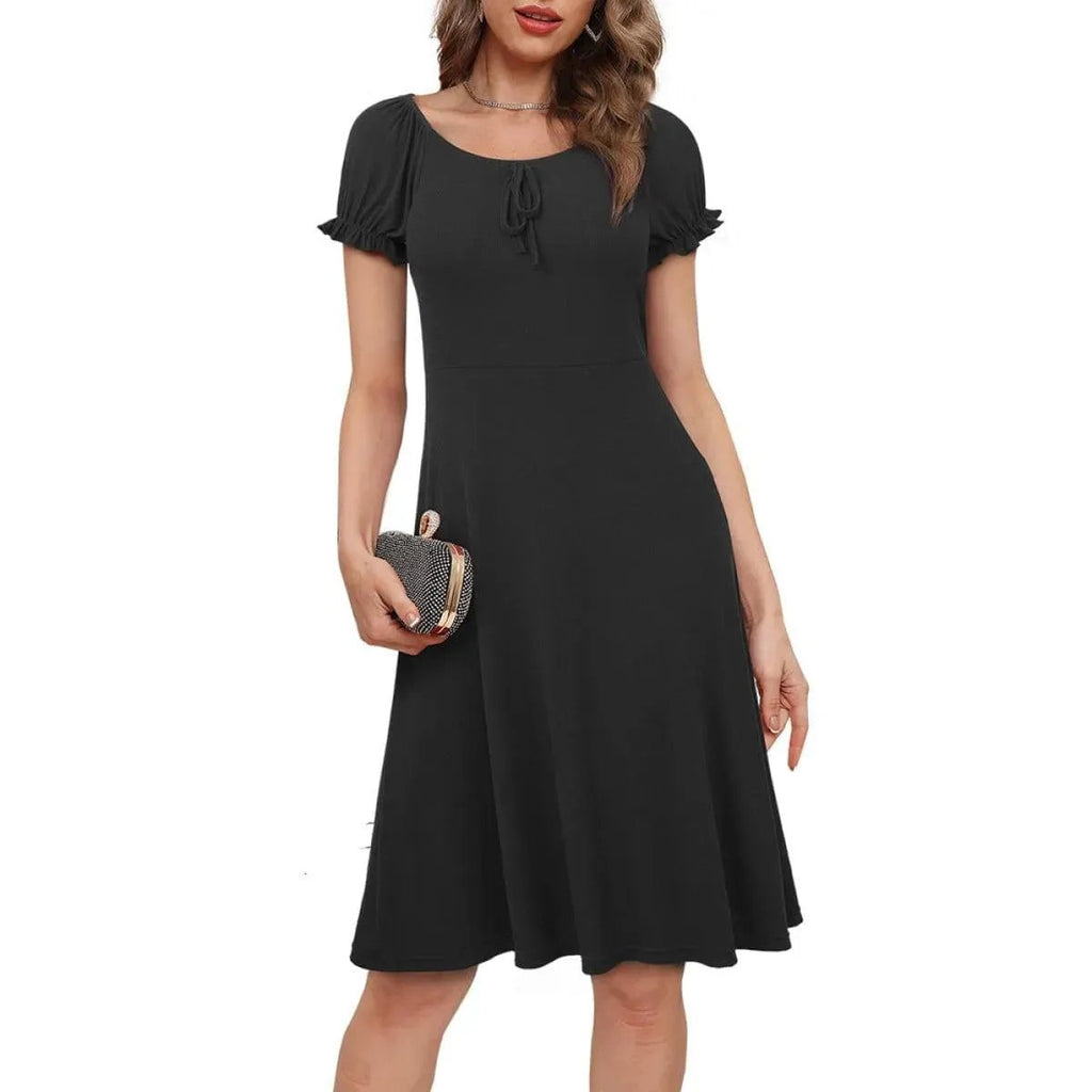 Round Neck Puff Sleeve Tie Front Solid Color Mini Dress