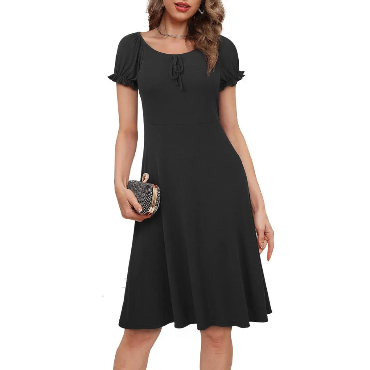 Round Neck Puff Sleeve Tie Front Solid Color Mini Dress Jewelry Bubble