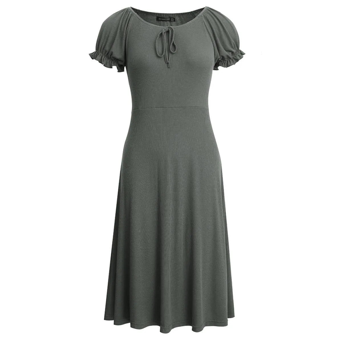 Round Neck Puff Sleeve Tie Front Solid Color Mini Dress Jewelry Bubble