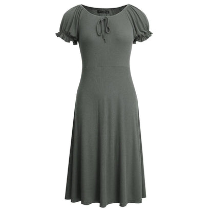 Round Neck Puff Sleeve Tie Front Solid Color Mini Dress Jewelry Bubble