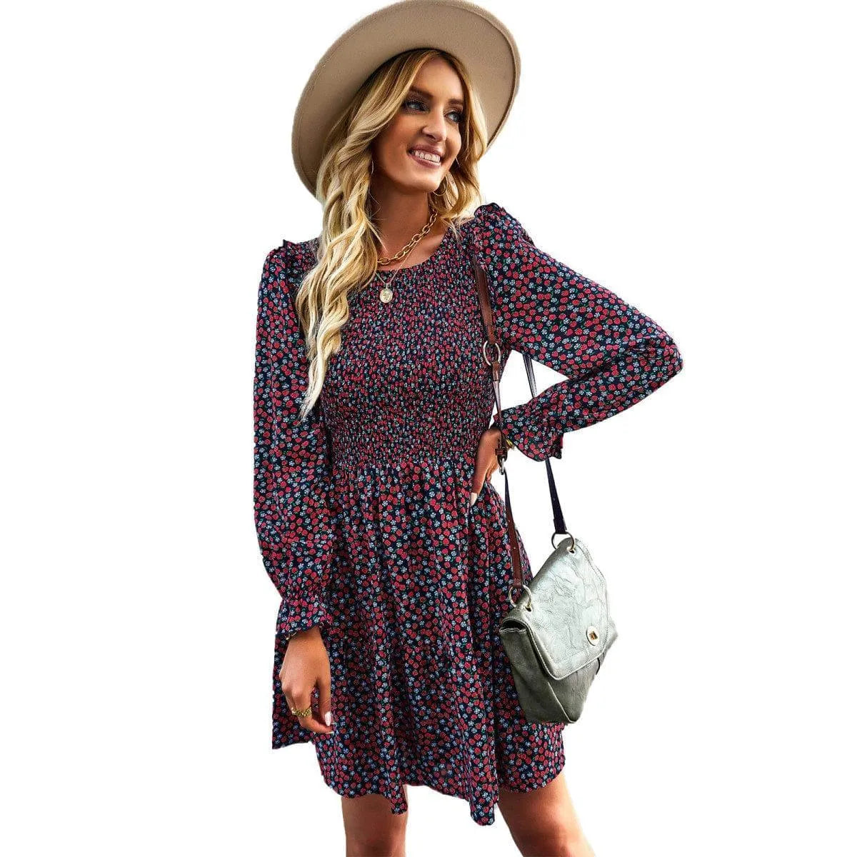 Round Neck Ruffle Sleeve Ditsy Floral Shirred Mini Dress Jewelry Bubble