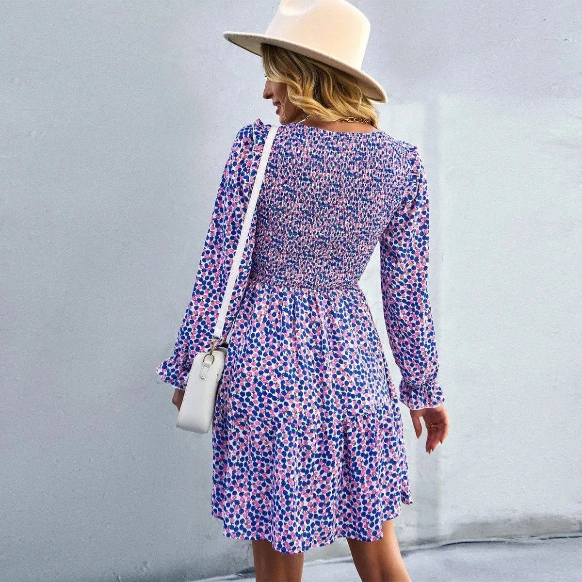 Round Neck Ruffle Sleeve Ditsy Floral Shirred Mini Dress