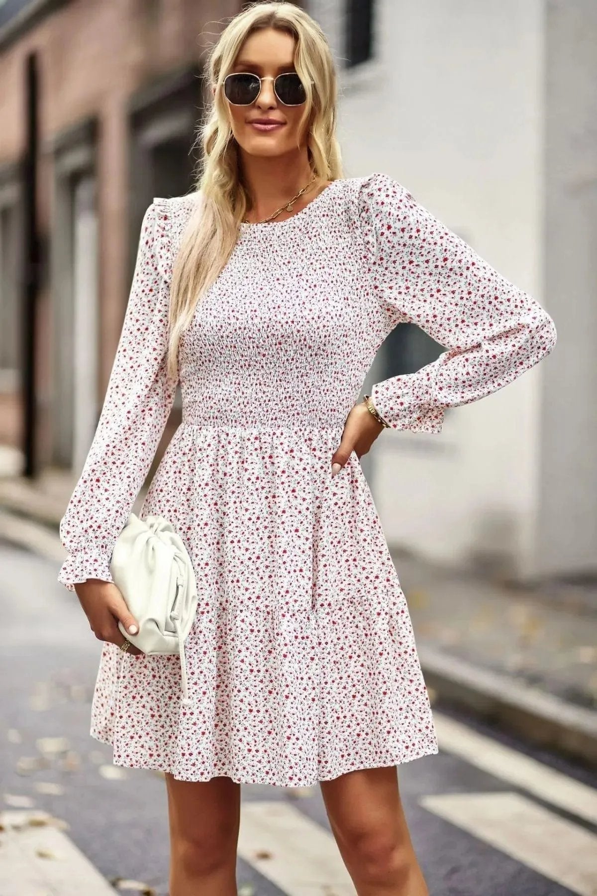 Round Neck Ruffle Sleeve Ditsy Floral Shirred Mini Dress