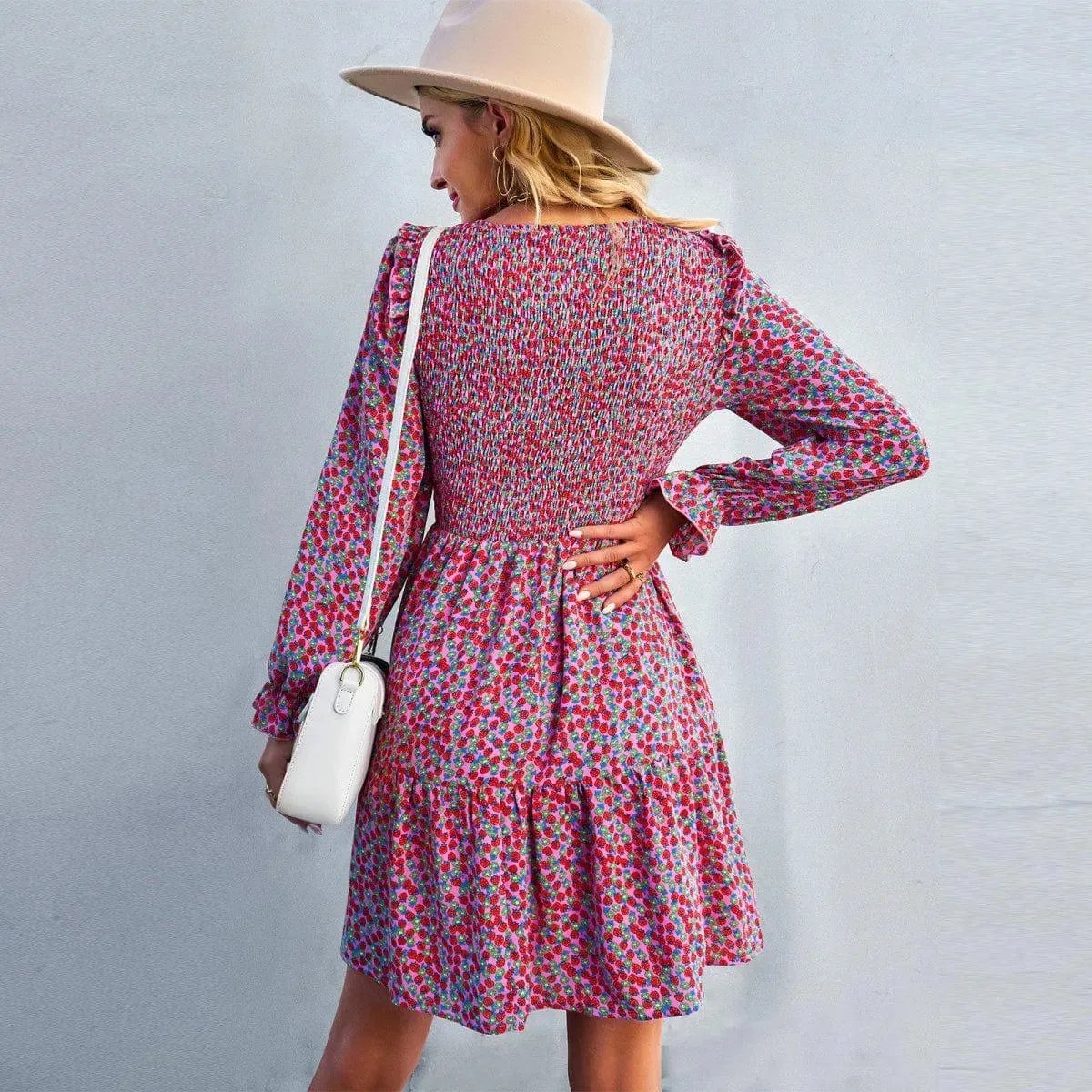 Round Neck Ruffle Sleeve Ditsy Floral Shirred Mini Dress
