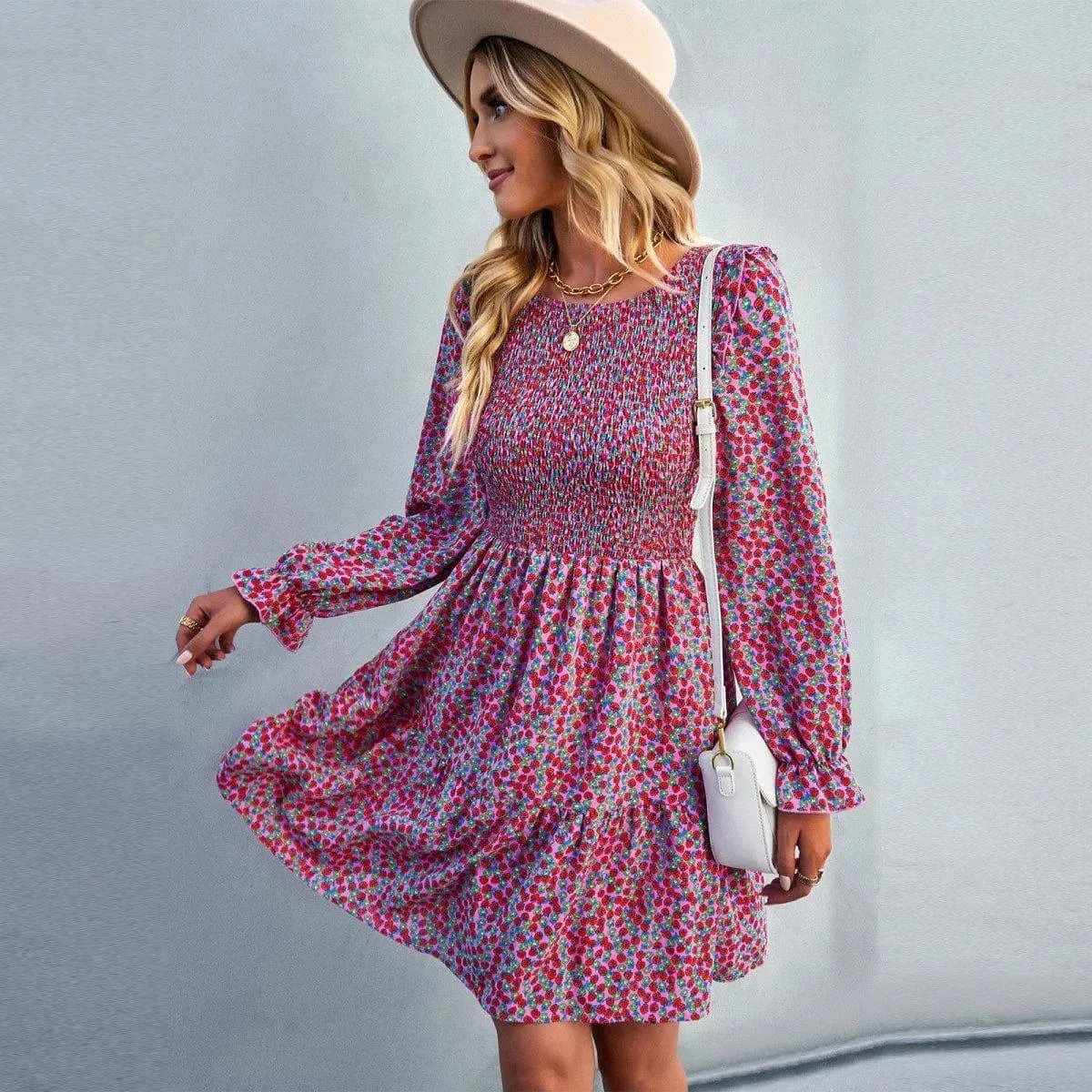Round Neck Ruffle Sleeve Ditsy Floral Shirred Mini Dress