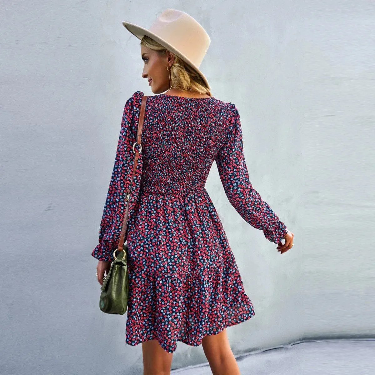 Round Neck Ruffle Sleeve Ditsy Floral Shirred Mini Dress