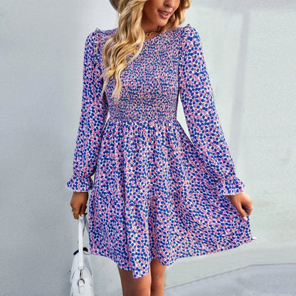 Round Neck Ruffle Sleeve Ditsy Floral Shirred Mini Dress Jewelry Bubble