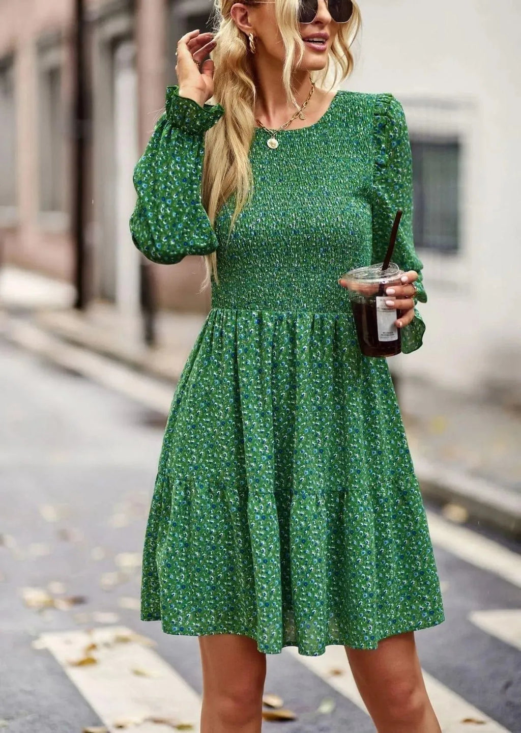 Round Neck Ruffle Sleeve Ditsy Floral Shirred Mini Dress