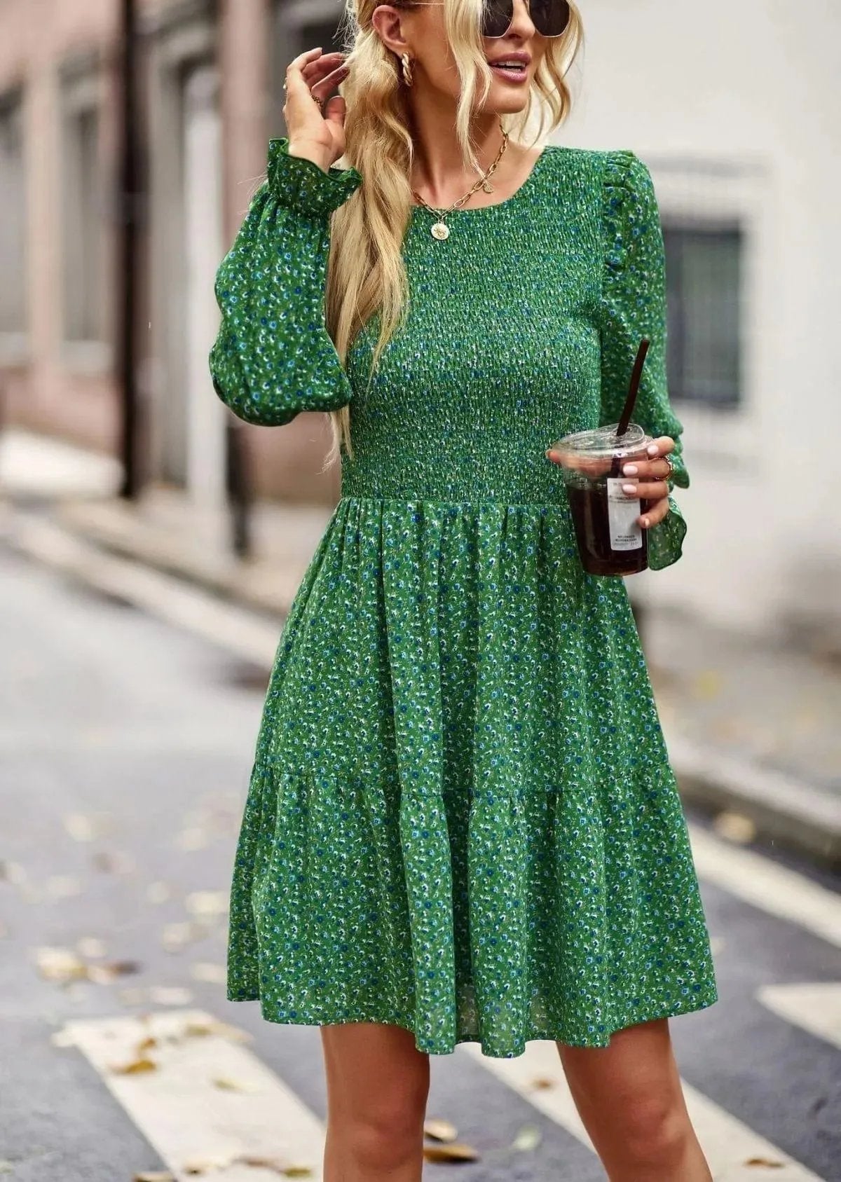 Round Neck Ruffle Sleeve Ditsy Floral Shirred Mini Dress