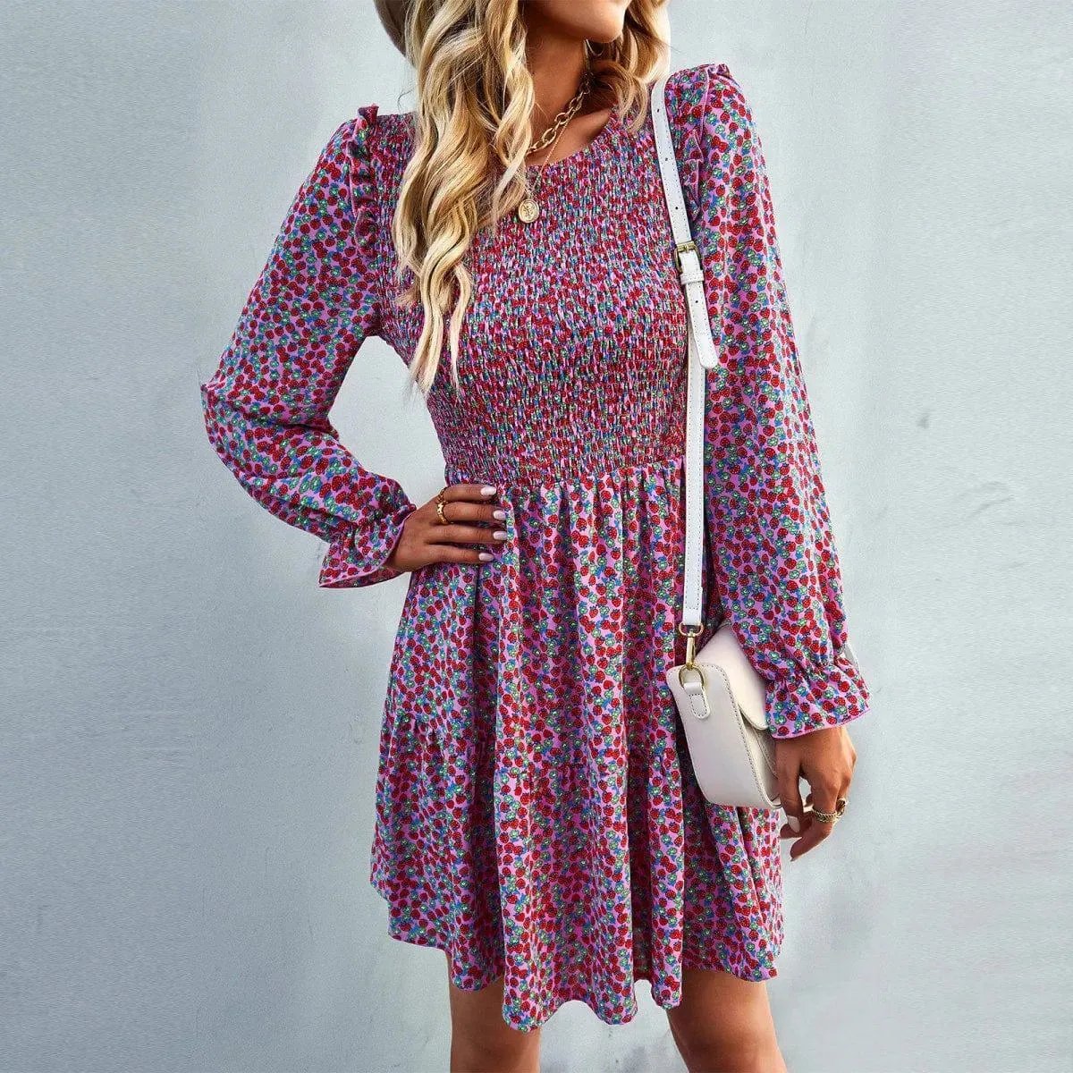 Round Neck Ruffle Sleeve Ditsy Floral Shirred Mini Dress