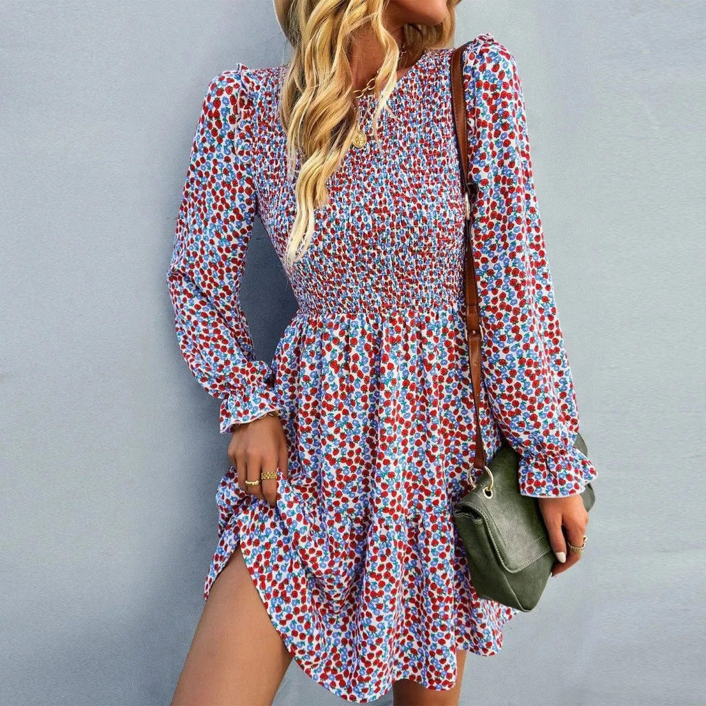 Round Neck Ruffle Sleeve Ditsy Floral Shirred Mini Dress
