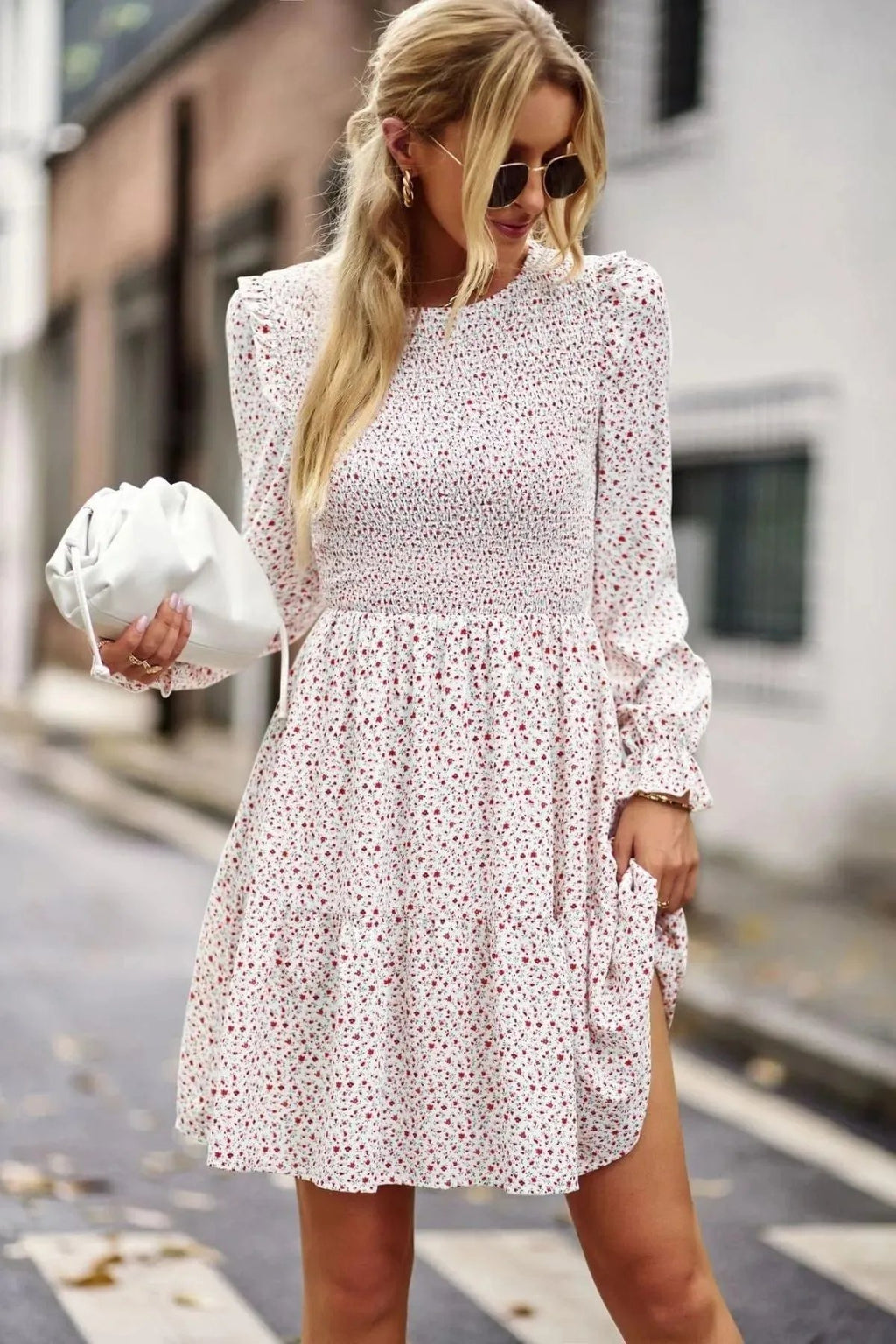 Round Neck Ruffle Sleeve Ditsy Floral Shirred Mini Dress