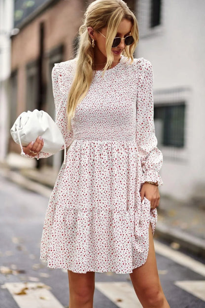 Round Neck Ruffle Sleeve Ditsy Floral Shirred Mini Dress Jewelry Bubble