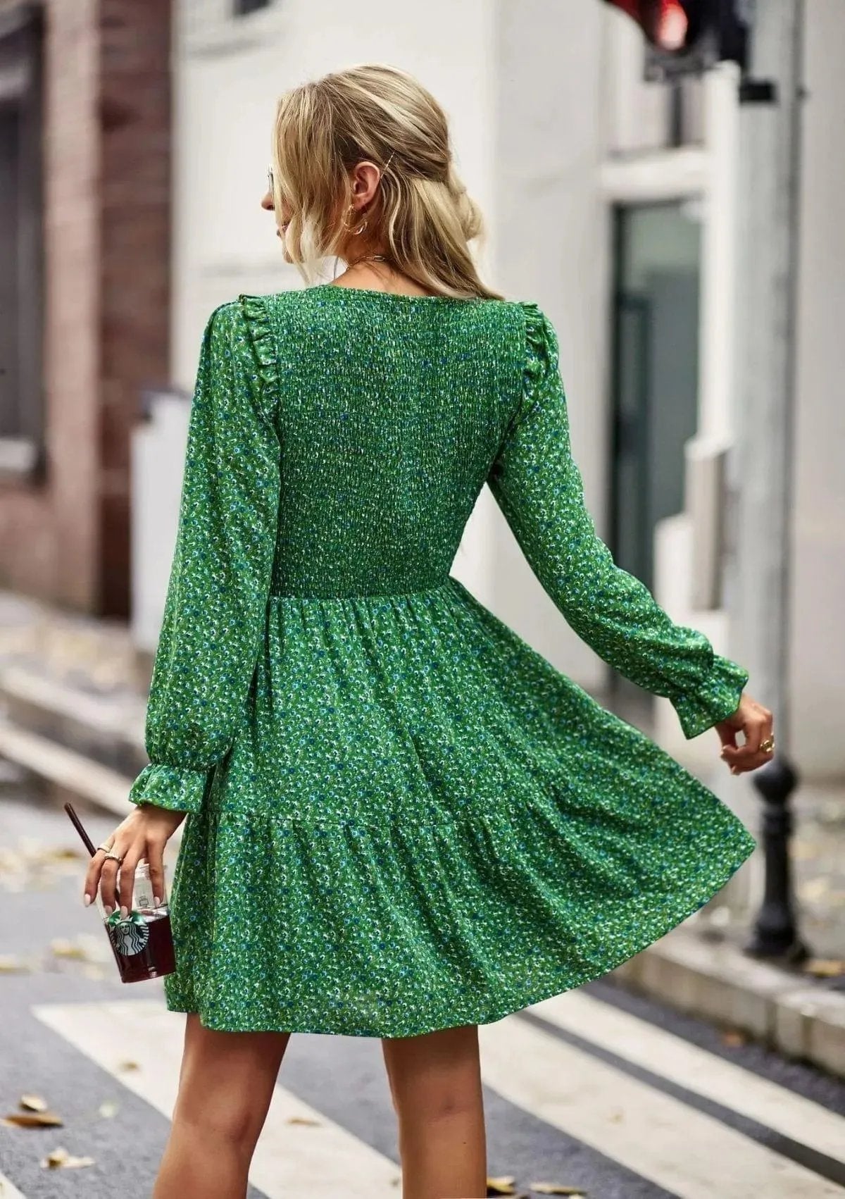 Round Neck Ruffle Sleeve Ditsy Floral Shirred Mini Dress