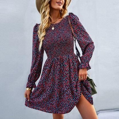 Round Neck Ruffle Sleeve Ditsy Floral Shirred Mini Dress Jewelry Bubble