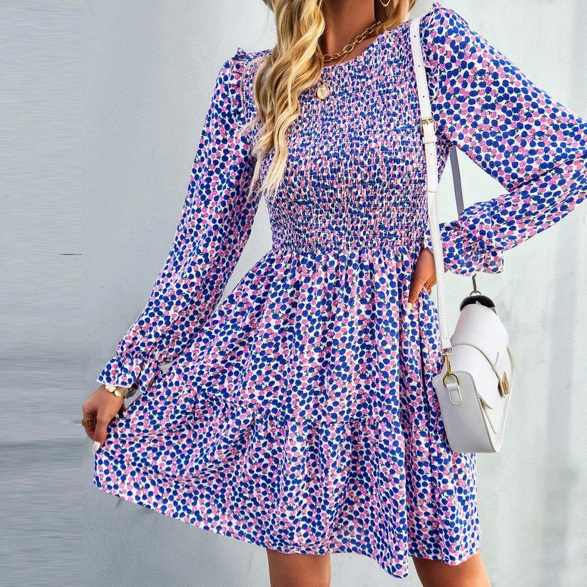 Round Neck Ruffle Sleeve Ditsy Floral Shirred Mini Dress Jewelry Bubble