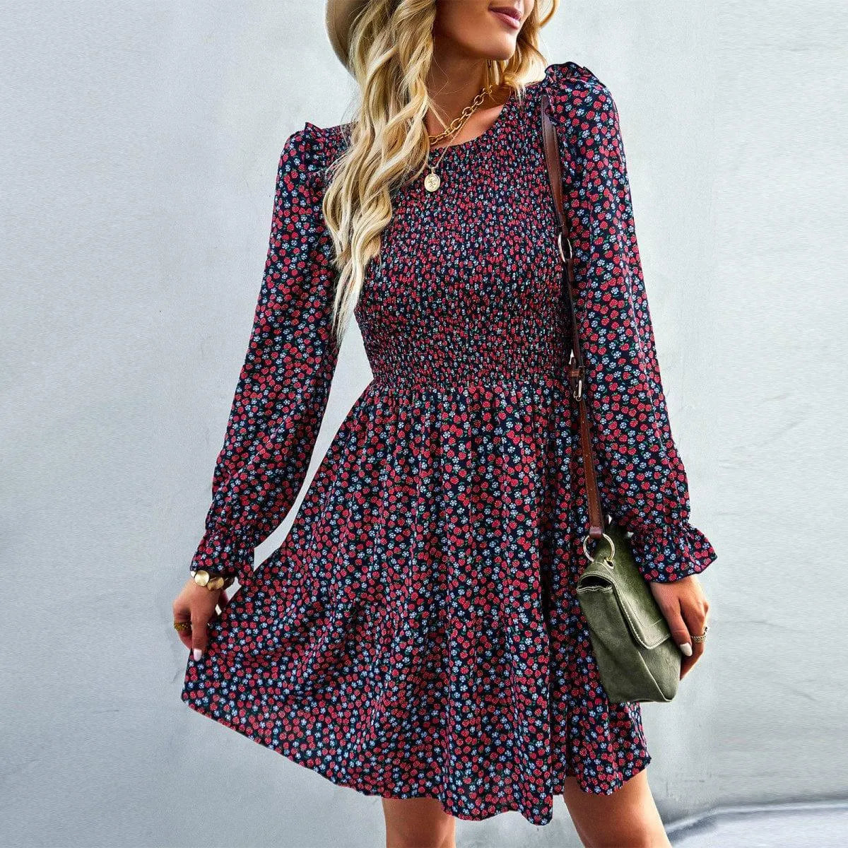 Round Neck Ruffle Sleeve Ditsy Floral Shirred Mini Dress Jewelry Bubble