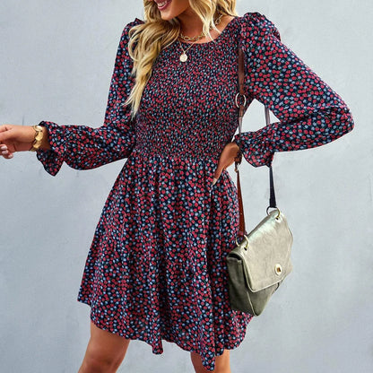 Round Neck Ruffle Sleeve Ditsy Floral Shirred Mini Dress Jewelry Bubble