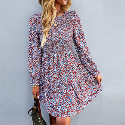 Round Neck Ruffle Sleeve Ditsy Floral Shirred Mini Dress Jewelry Bubble