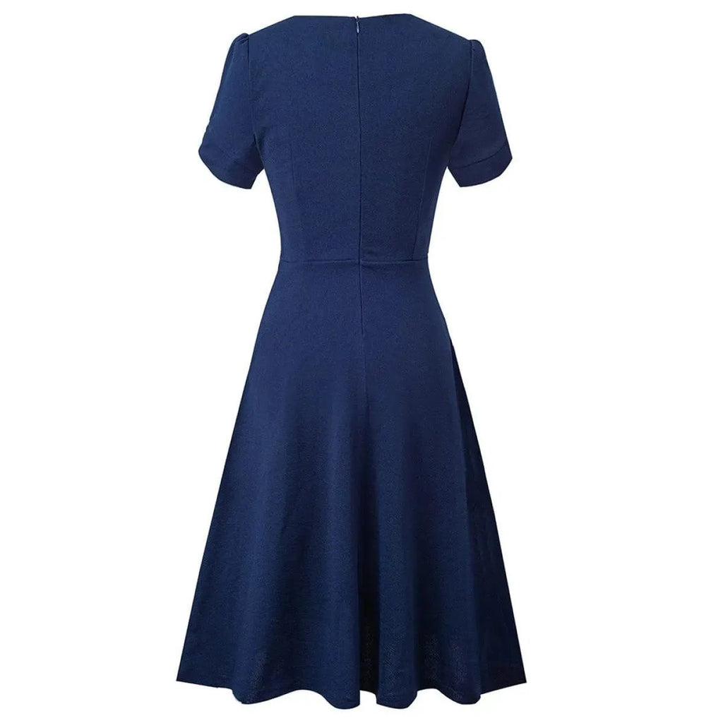 Round Neck Short Sleeve Knot Waist Solid Color Mini Dress