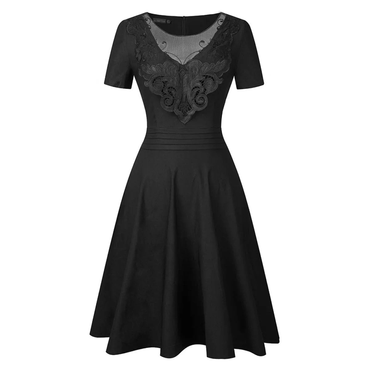 Round Neck Short Sleeve Lace-Embroidered Mini Dress Black Jewelry Bubble