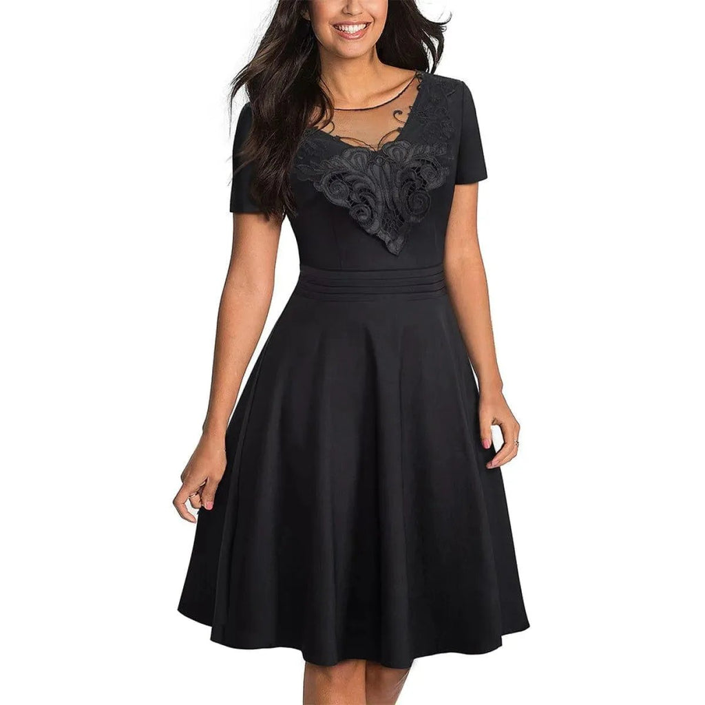 Round Neck Short Sleeve Lace-Embroidered Mini Dress Black