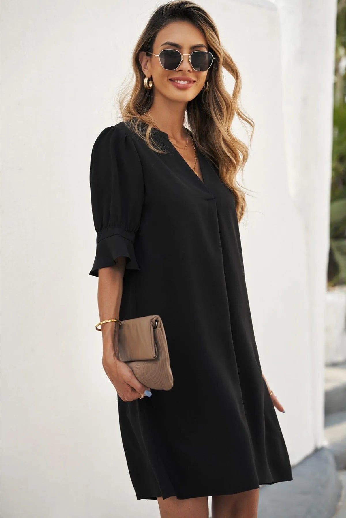 Ruffled Sleeve Shift Dress Jewelry Bubble