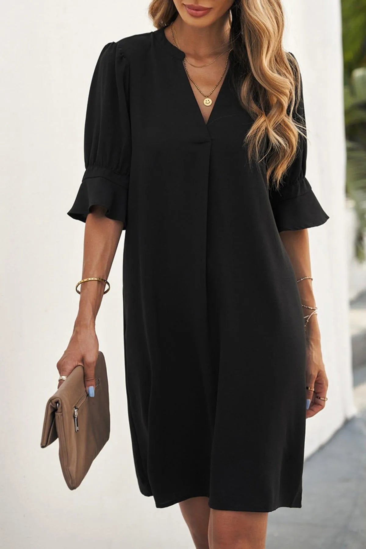 Ruffled Sleeve Shift Dress Jewelry Bubble