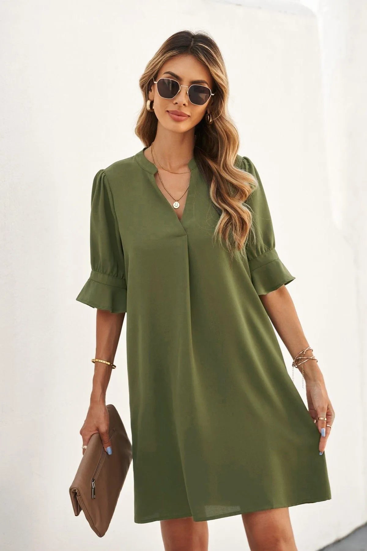 Ruffled Sleeve Shift Dress Jewelry Bubble