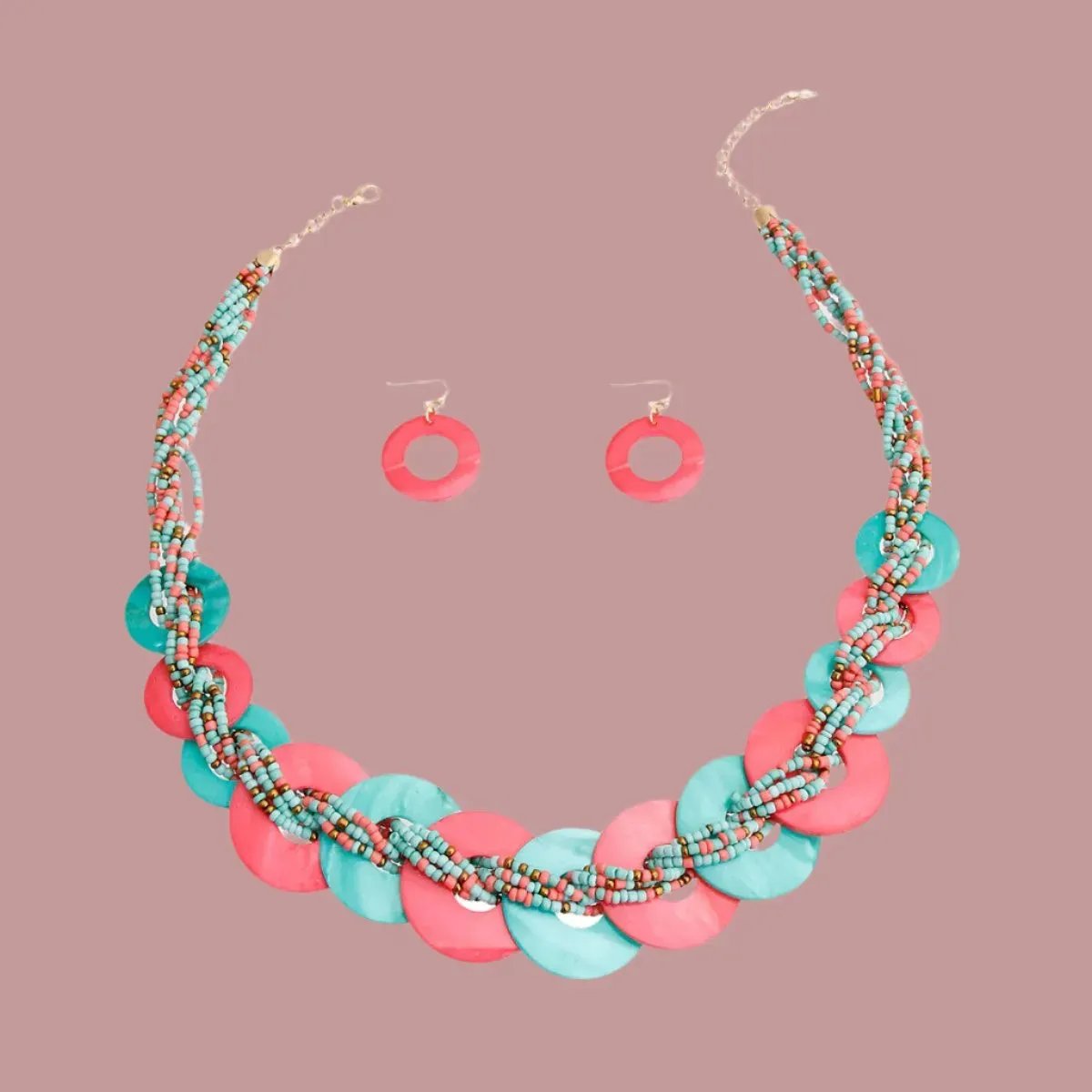Santa Fe Disc Style Seed Beaded Necklace Earrings Set