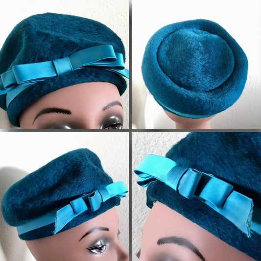 Sculpted Sueded Fur Felt Women’s Vintage Peacock Blue Hat Pinktown