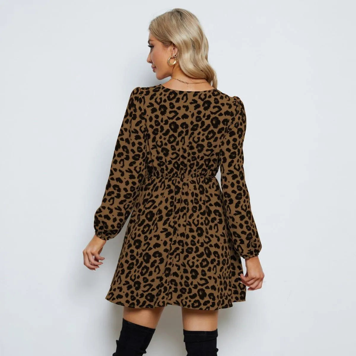 Sexy V-Neck Leopard Print Long Sleeve Mini Dress Jewelry Bubble