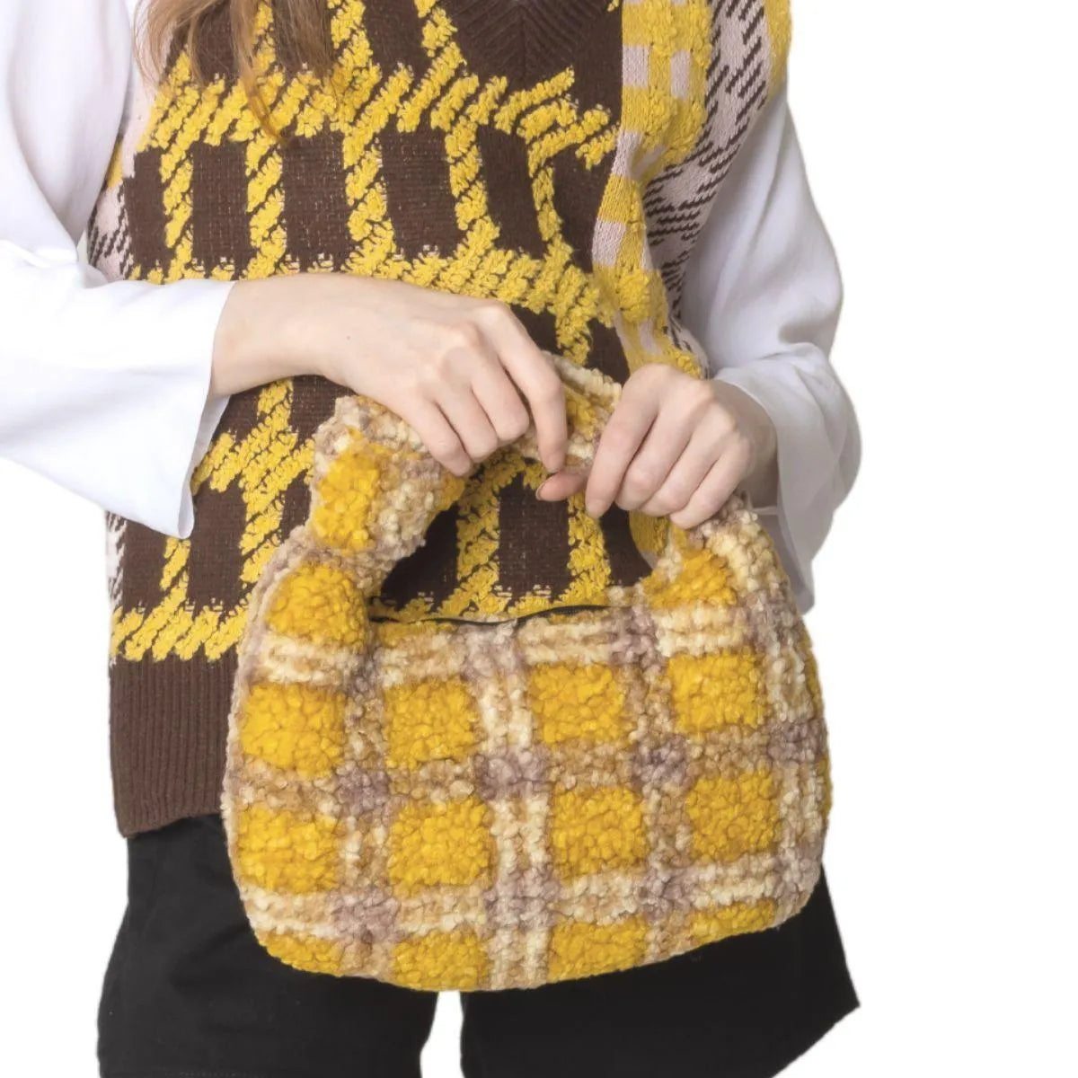 Sherpa Handbag Yellow Plaid Print Jewelry Bubble