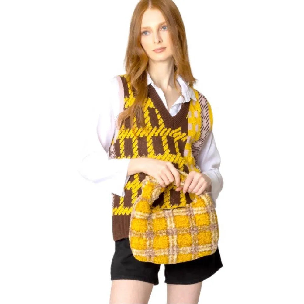 Sherpa Handbag Yellow Plaid Print Jewelry Bubble