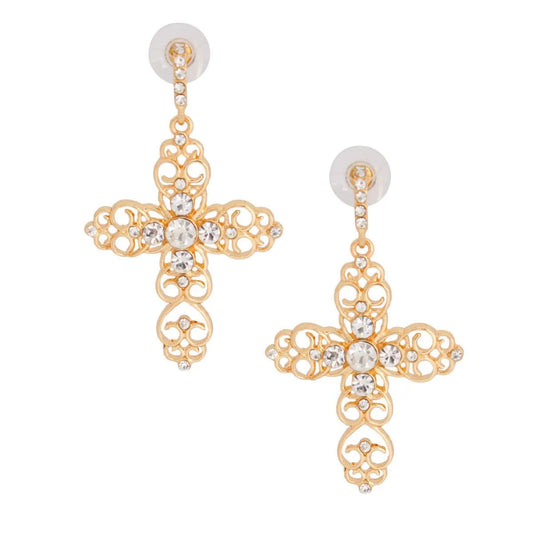 Shimmer Open Cross Drop Earrings Gold Tone Jewelry Bubble